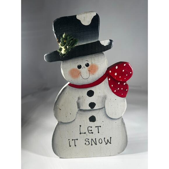 Vintage Christmas Handpainted Folk Snowman Let It Snow Wooden Decor - Picture 2 of 9
